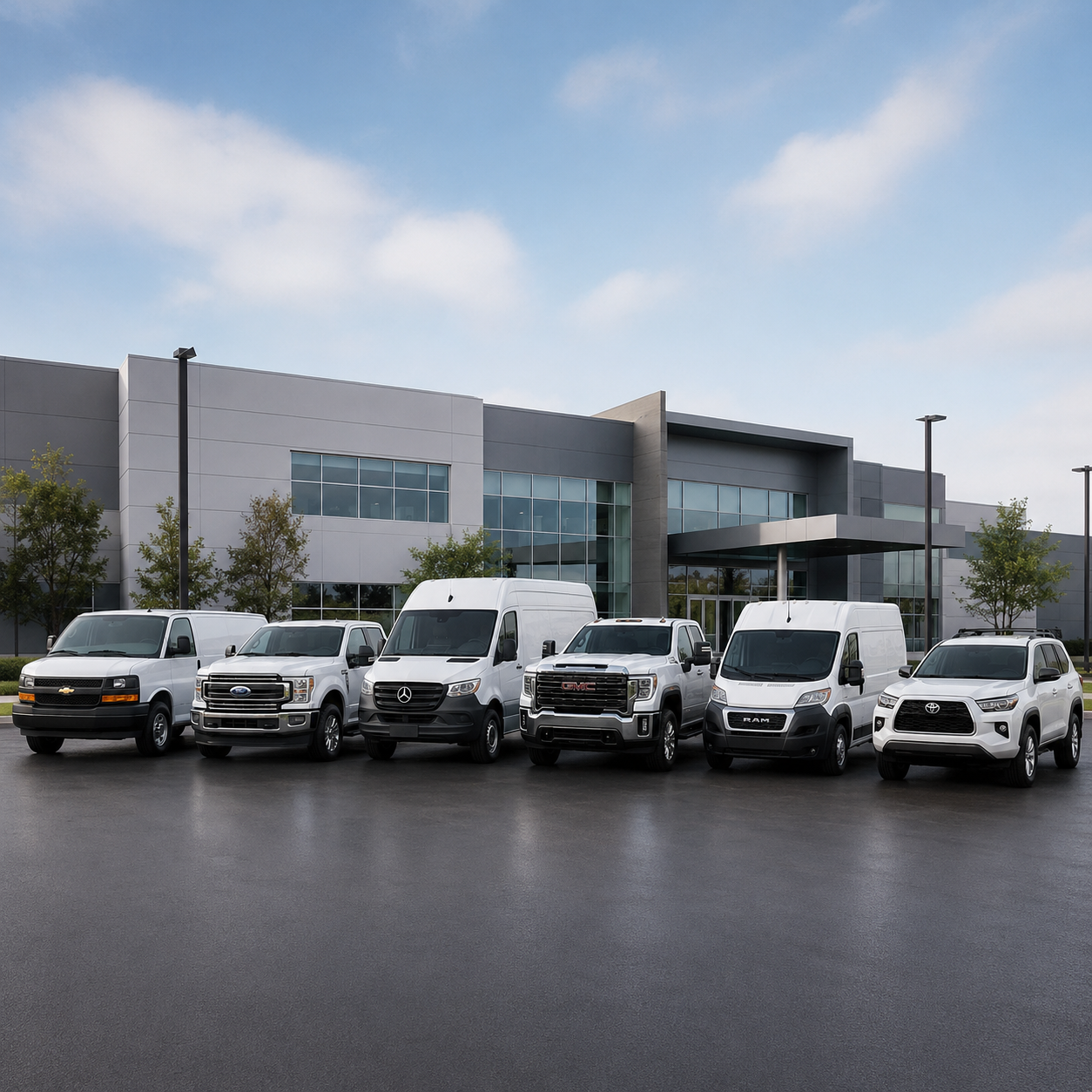 Holand Leasing fleet vehicles lined up outside a commercial facility